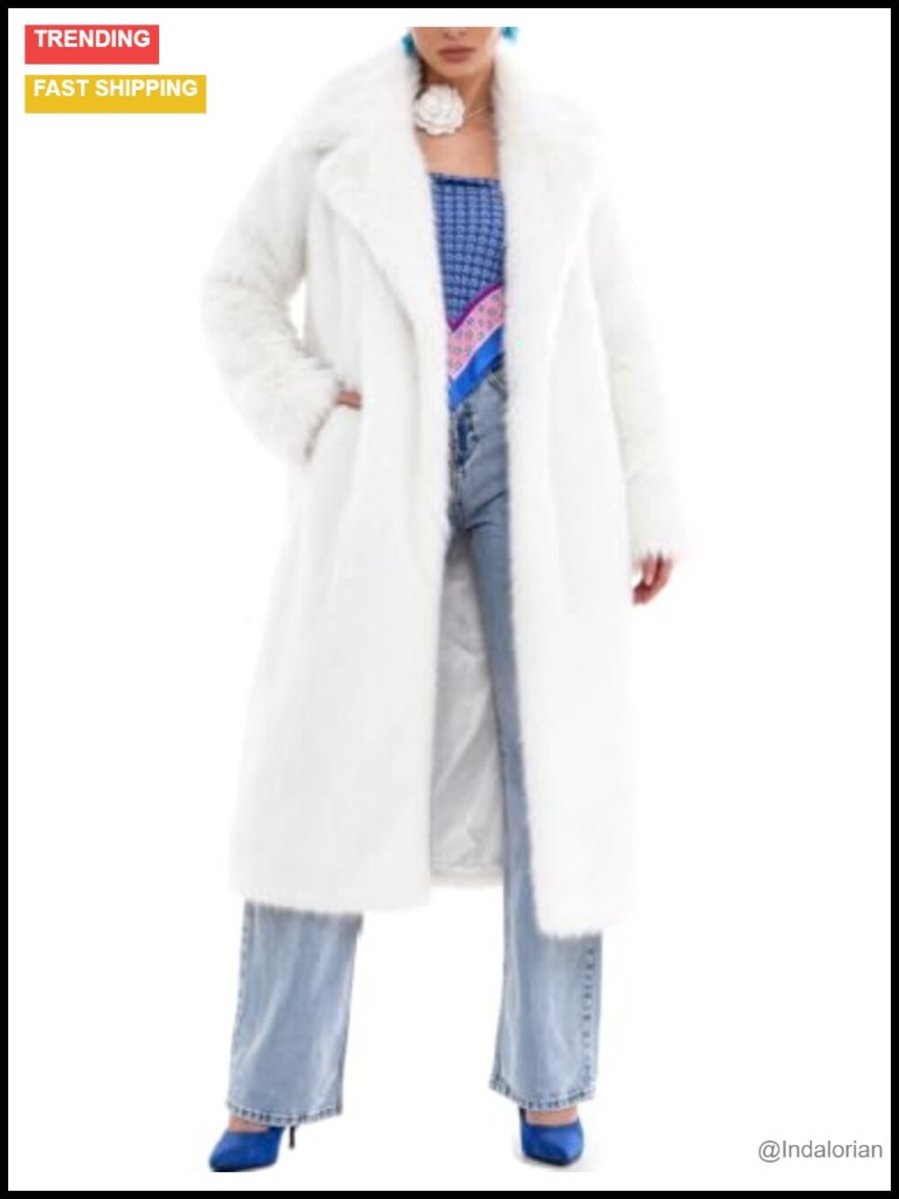 Women's Long Faux Fur Coat Lapel Collar Long Sleeve Fuzzy Jacket